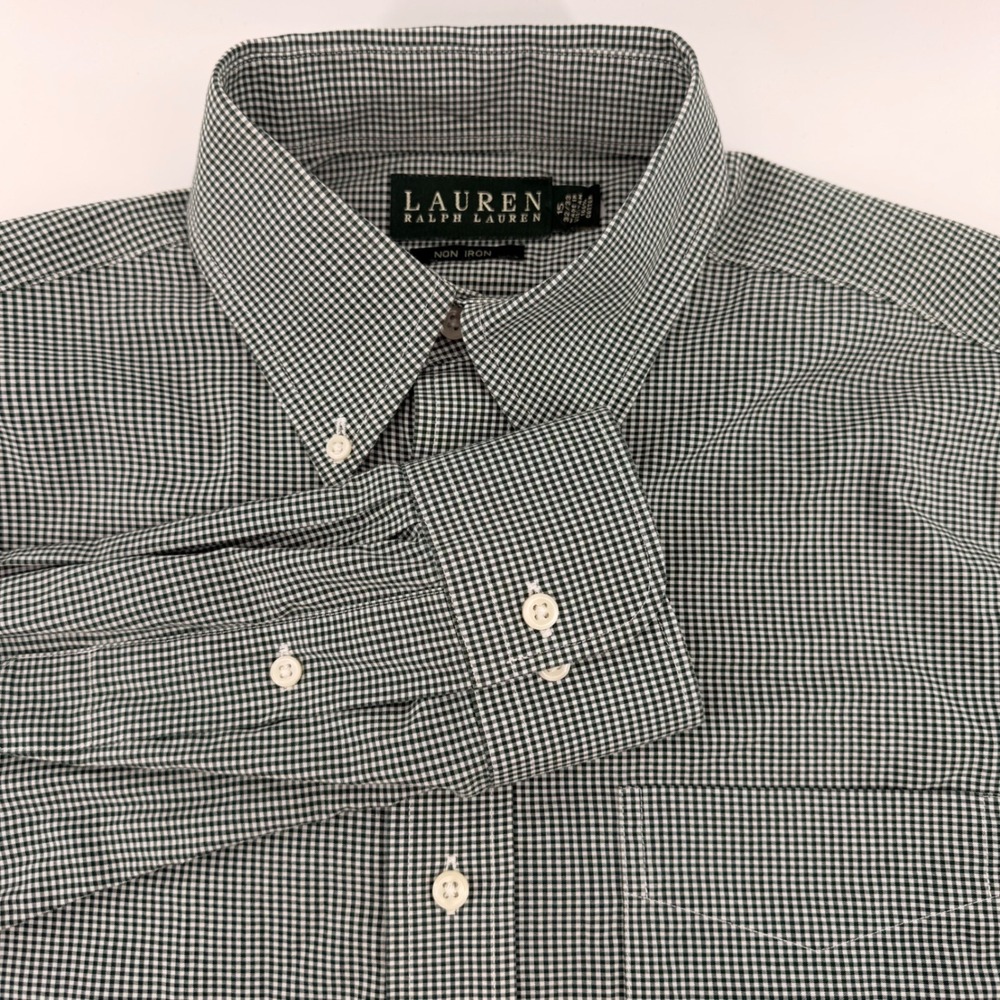 Lauren Ralph Lauren Shirt Men 15 32/33 Medium Green Gingham Non-Iron Button Down